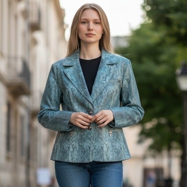 Pamela Mccoy Leather Snakeskin Blazer Blue Statement Jacket Zip Detail Size L